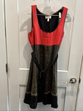 Anthropologie Moulinette Soeurs 8 Red/Orange Olive Scoop Dress Black Trim Belted